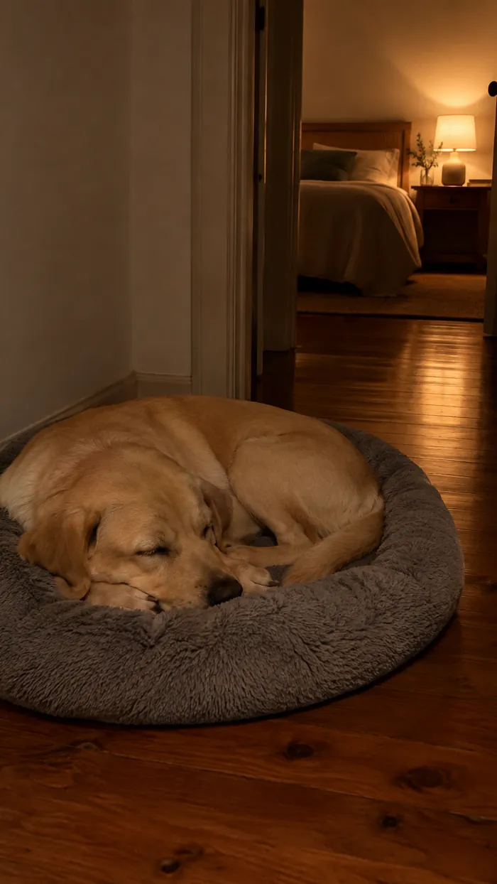 Cão a dormir na cama dele durante a noite