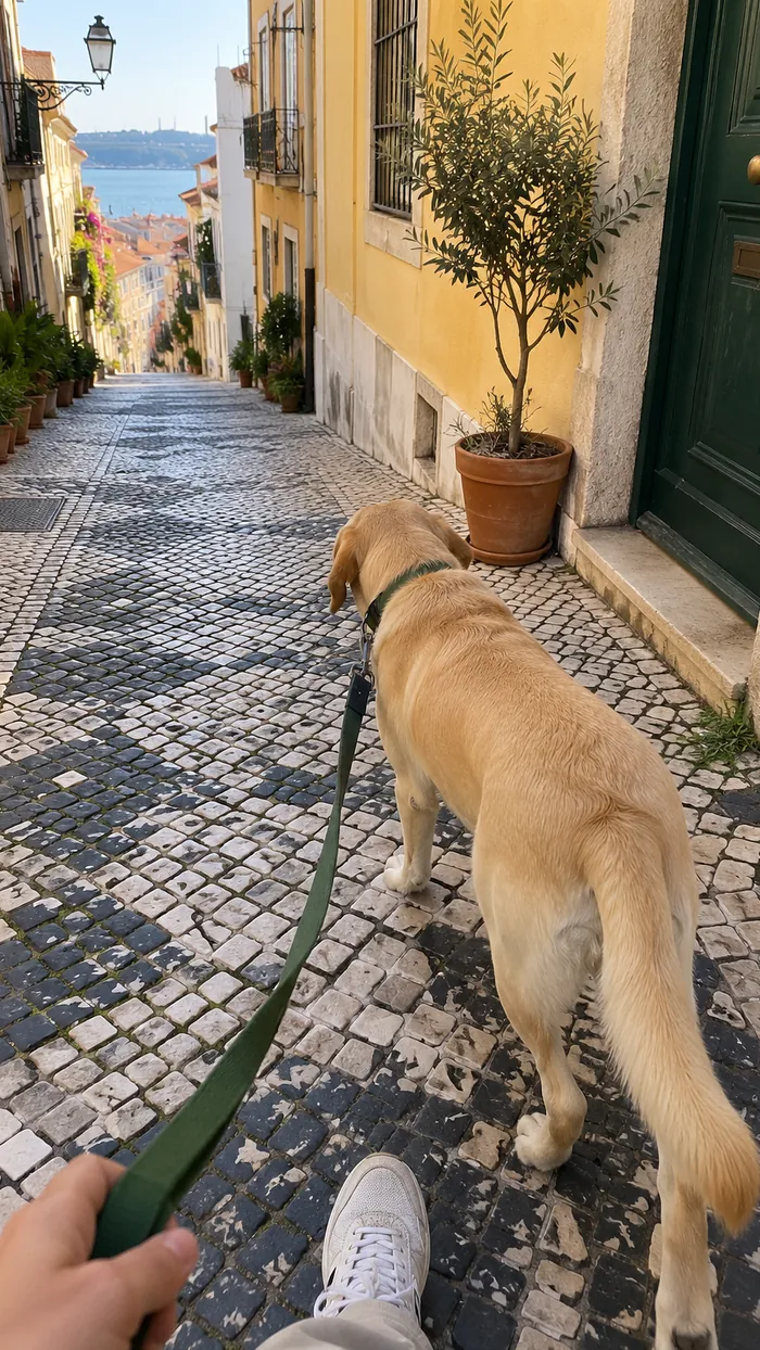 Cão a andar com a trela lassa numa rua portuguesa
